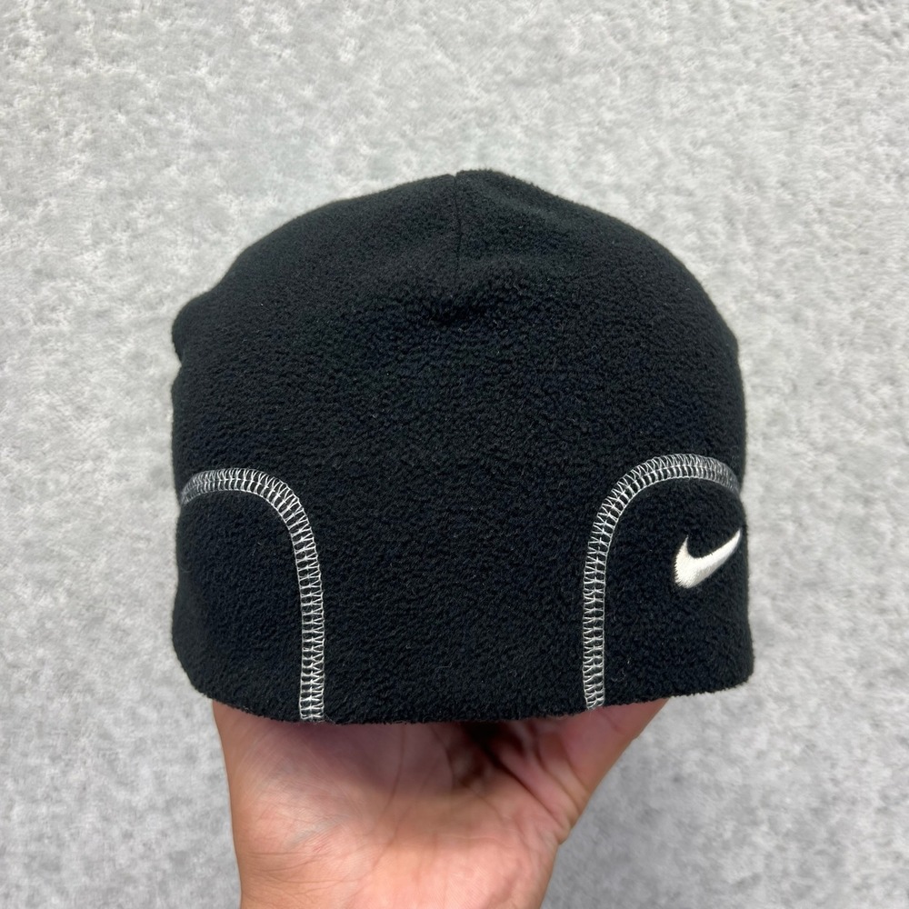 VINTAGE Y2k Nike Beanie S/M Black White Contrast Stitch Fleece Swoosh Logo Hat